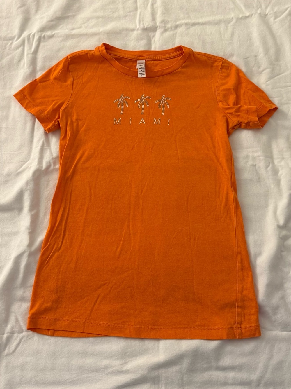 Orange Bella + Canvas Miami t-shirt with rhinestone design, size S